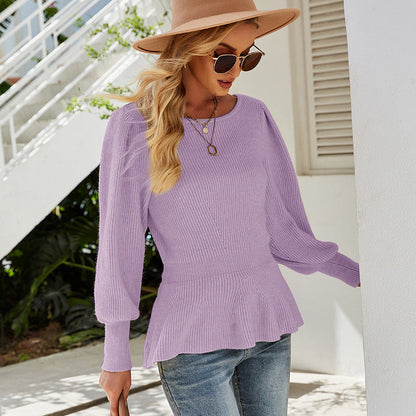 Women's Lantern Sleeve Knitted Solid Color Sweaters
