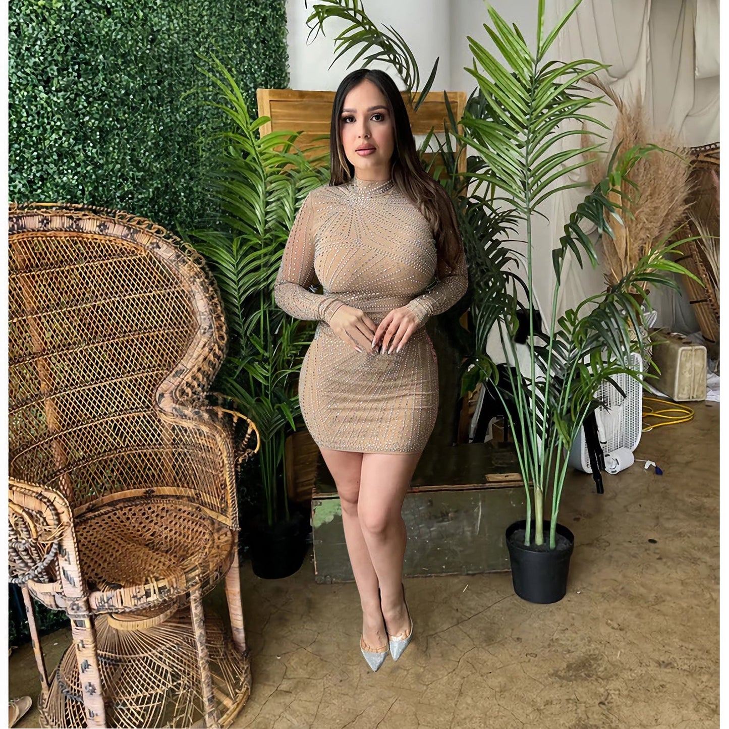 Women's Wear Rhinestone Mesh Round Neck Dress Dresses