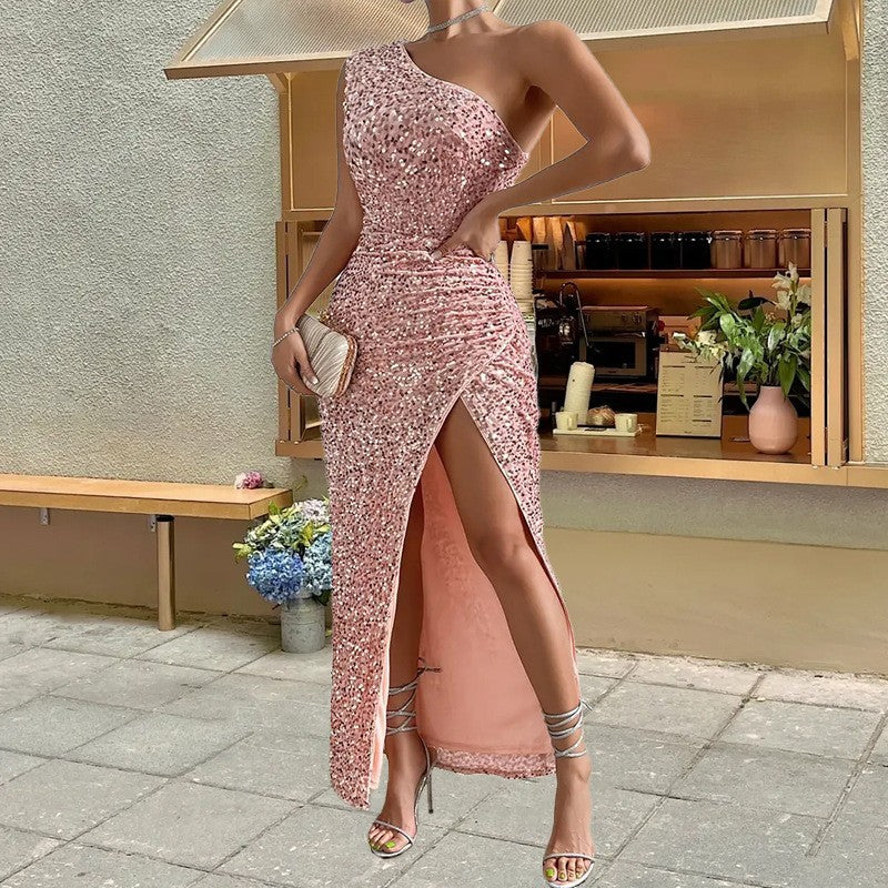 Women's Fashion Sexy Sequined Sleeveless Split Solid Dresses