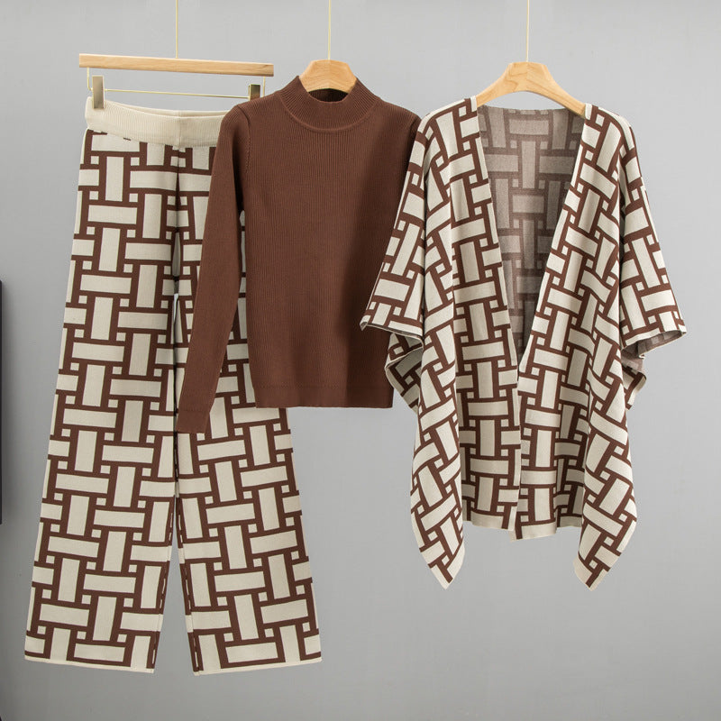 Women's High-grade Elegant Shawl Fashionable Jacquard Three-piece Sweaters