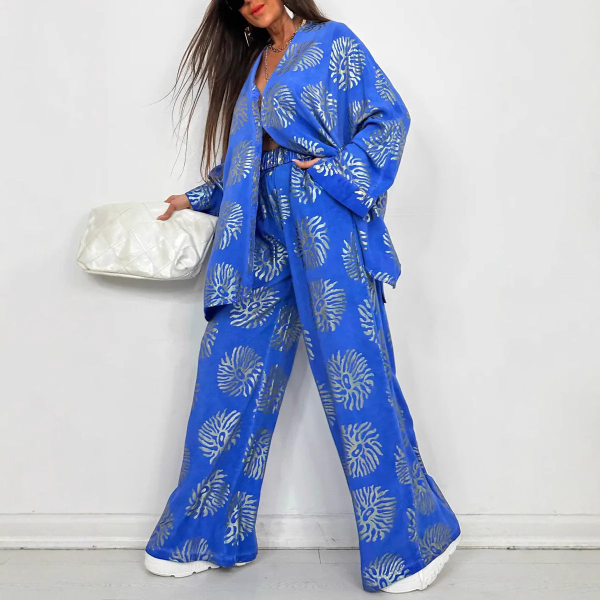 Women's Lapel Print Gilding Loose Casual Long Suits