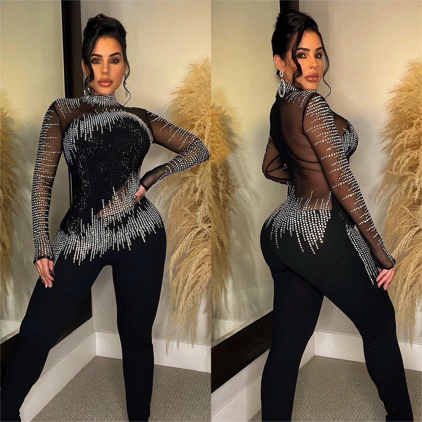Women's Fashion Wear Pure Color Mesh Rhinestone Suits