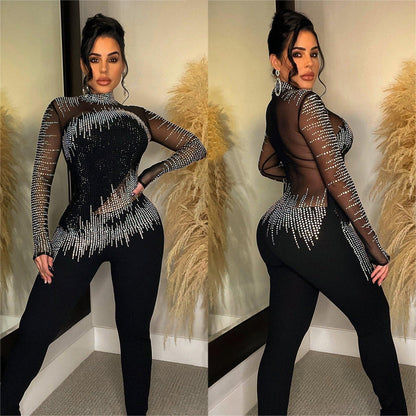 Women's Fashion Wear Pure Color Mesh Rhinestone Suits