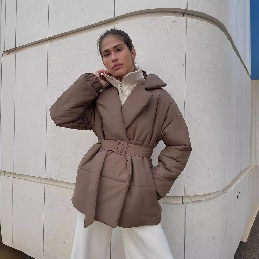Women's Padded Lapel Cinched Slimming Pure Color Coats