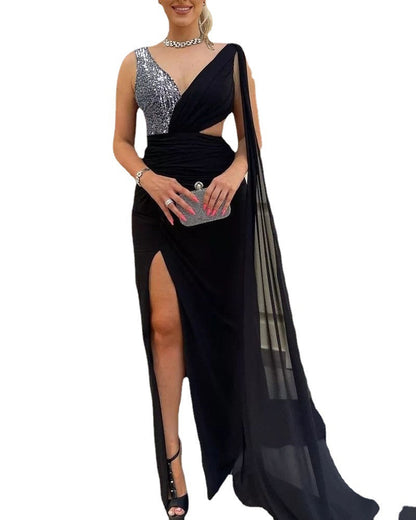 Mesh Sequins Split Sexy Deep V Dresses