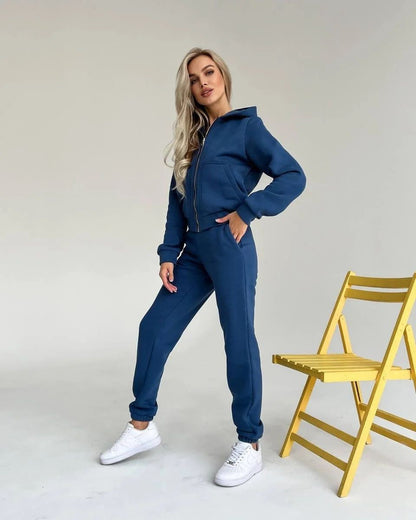 Women's Fleece-lined Long-sleeved Hooded Zipper Trousers Suits