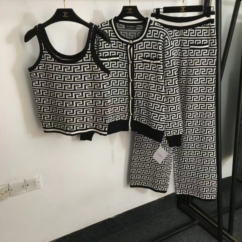 Women's Jacquard Knitted Three-piece Set High Waist Suits
