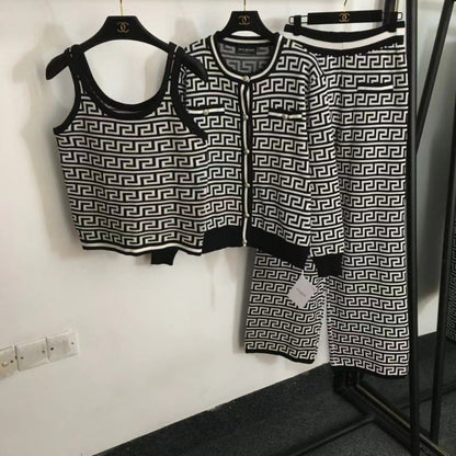 Women's Jacquard Knitted Three-piece Set High Waist Suits