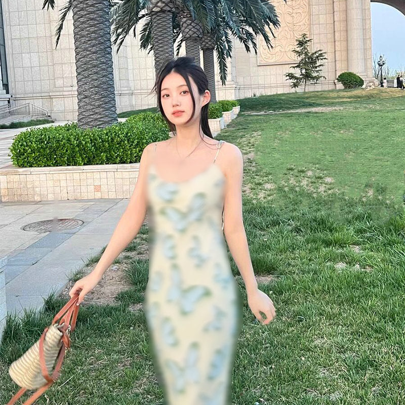 French Silk Printed Lace Up Long Dress Oblique Cut Dresses