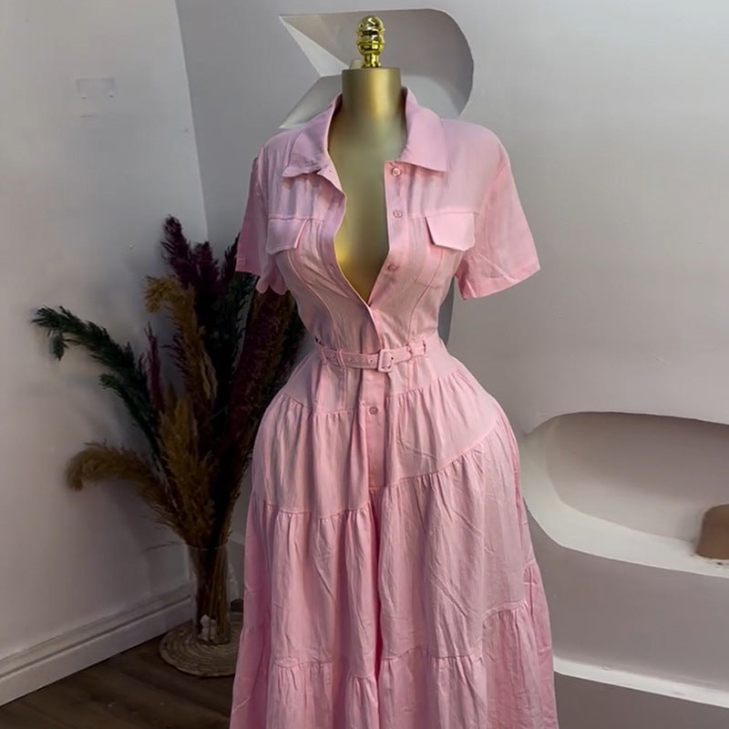 Women's Summer Fashion Polo Collar Sleeve Breasted Belt A- Dresses