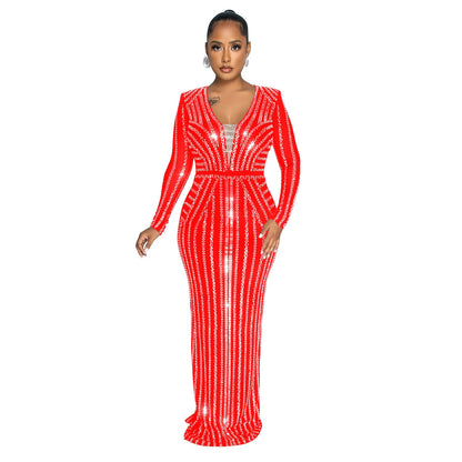 Women's Fashion Wear Solid Color Hot Drilling Long Dresses