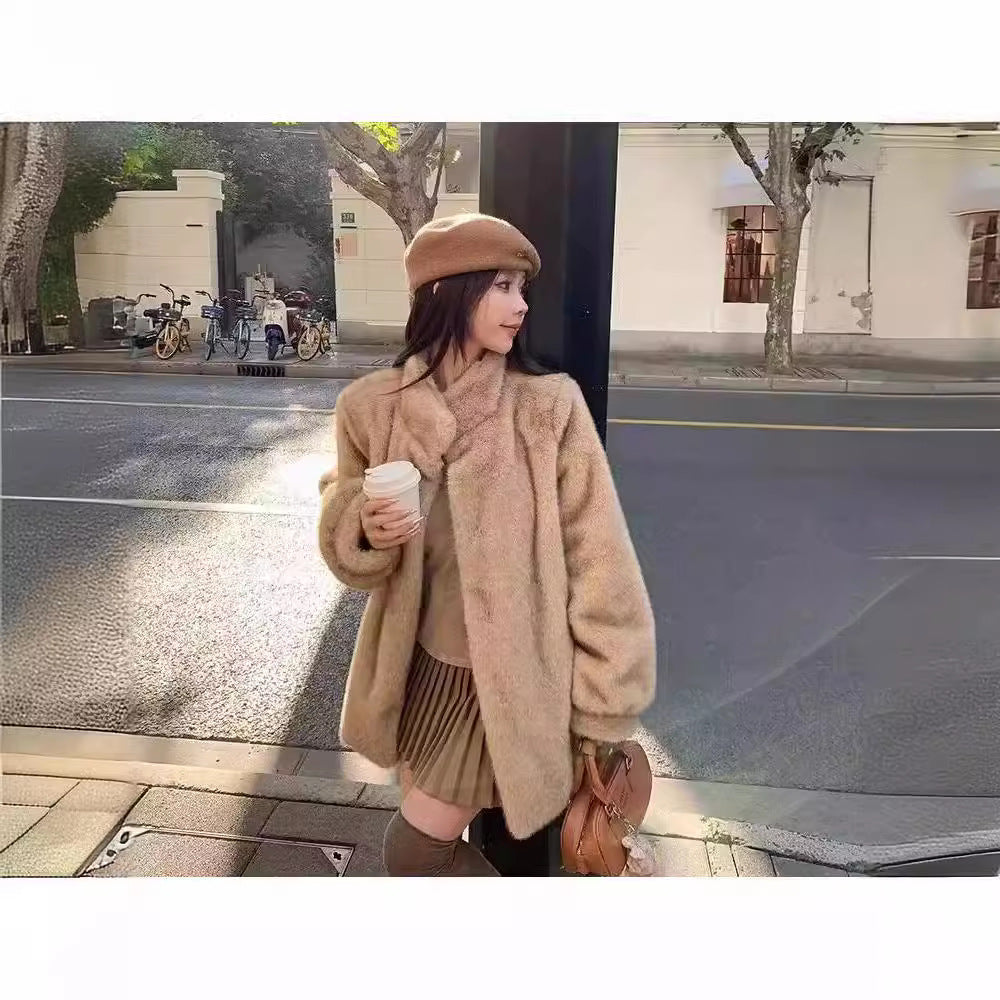 Women's Environmental Protection Artificial Plush Overcoat Mid-length Coats