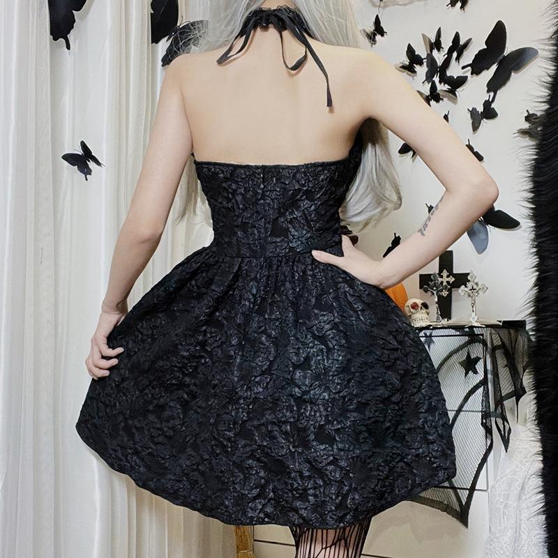 Women's Halloween Dress Winter Personality Cross Halter Dark Dresses