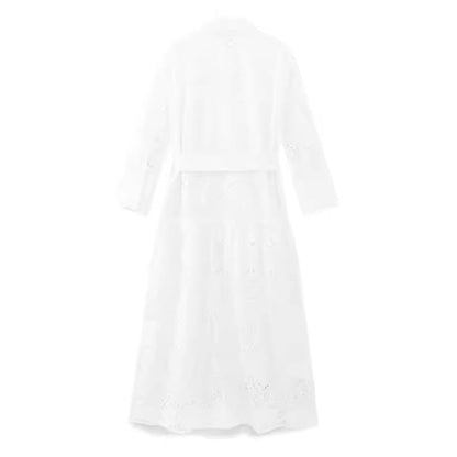 Women's Embroidered Stand Collar Belt Dress Slim Fit Dresses
