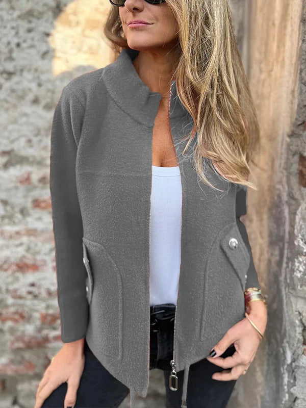 Women's Casual Zipper Woolen Tether Pocket Solid Coats