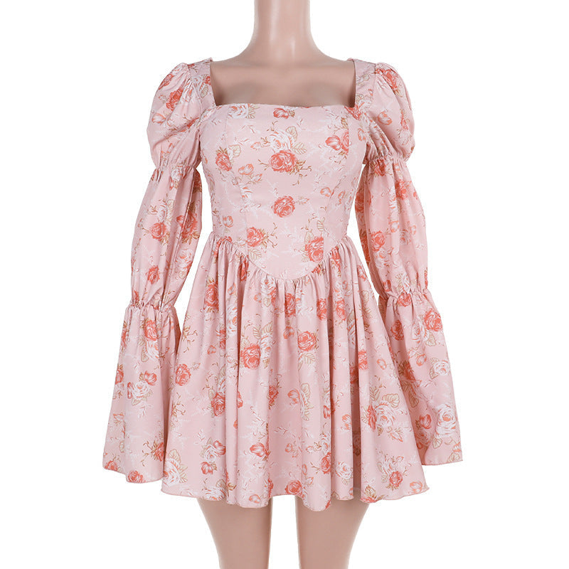 Women's Slim Rose Printed Long Sleeve A- Dresses