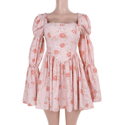 Women's Slim Rose Printed Long Sleeve A- Dresses