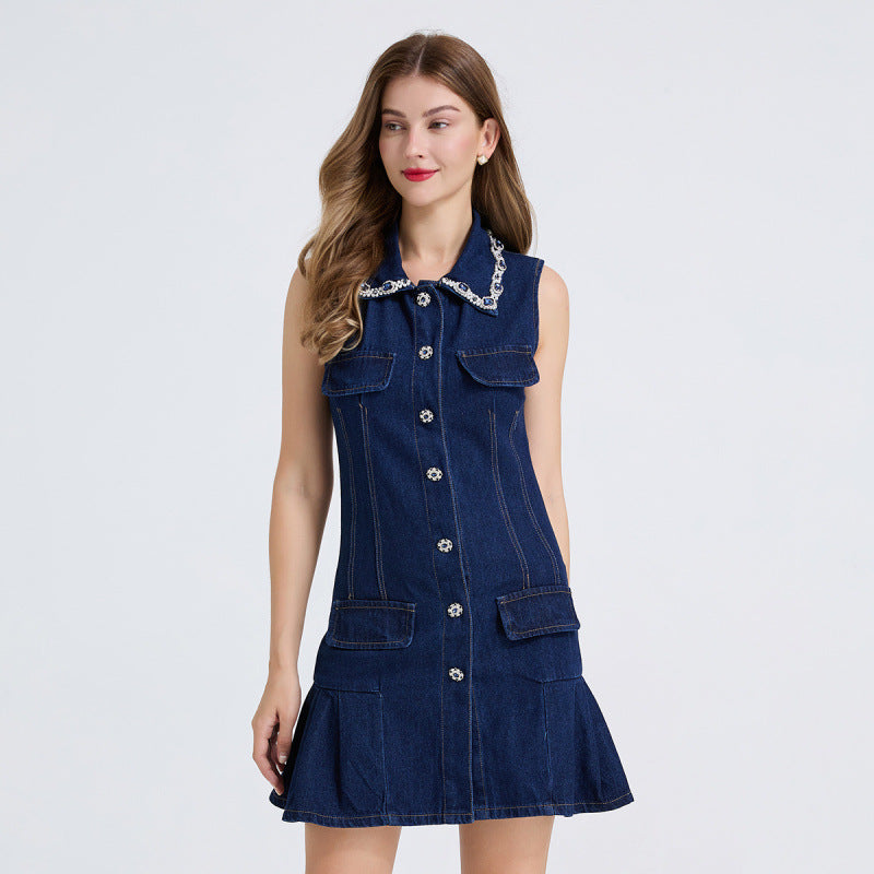 Women's French Style Rhinestone Waist Pleated Denim Dresses