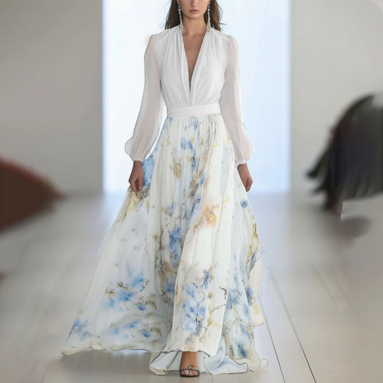 Women's Digital Printing Long Sleeve Stitching Dress Dresses