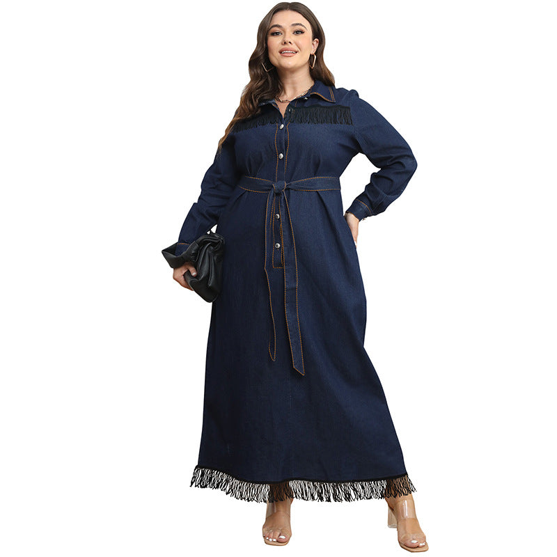 Women's Denim One-piece Dress Tassel Long Sleeve Dresses