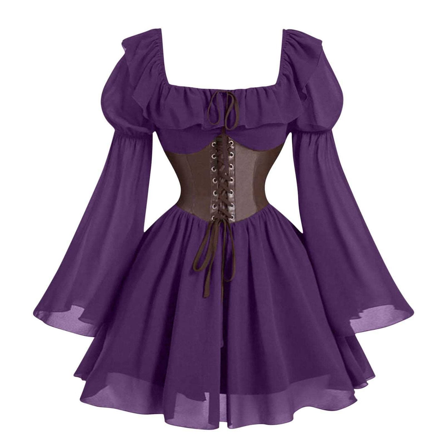 Medieval Puff Sleeve Dress Halloween Drawstring Skirts