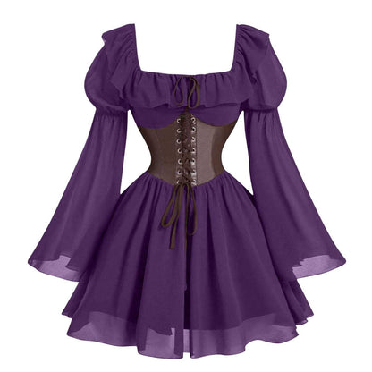 Medieval Puff Sleeve Dress Halloween Drawstring Skirts