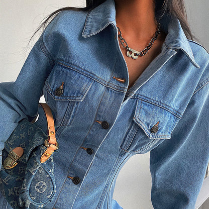 Pleated Long Sleeve Cowboy Siamese Dress Dresses
