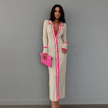 Women's Slim Fit Lapel Patchwork Long-sleeved Dress Dresses