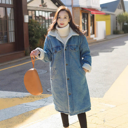 Women's Lamb Wool Denim Mid-length Fleece-lined Thick Plus Size