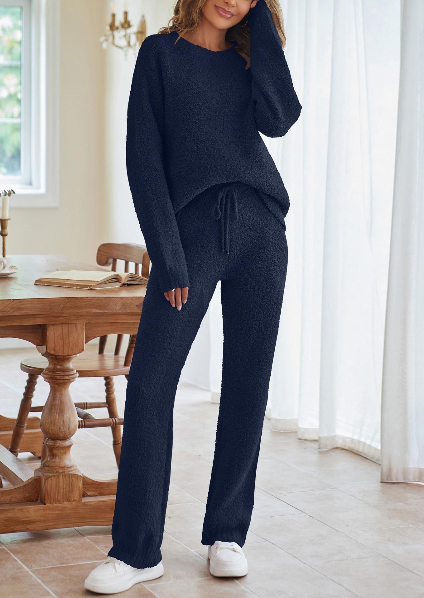 Women's Color Round Neck Long Sleeve Trousers Suits