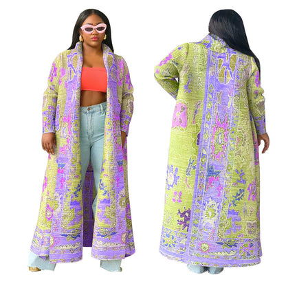 Women's Popular Pleated Printed Trench Long Coats