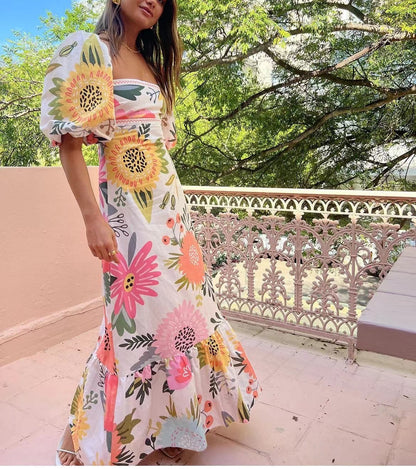 Printed Lantern Sleeve Large Swing Dress Dresses