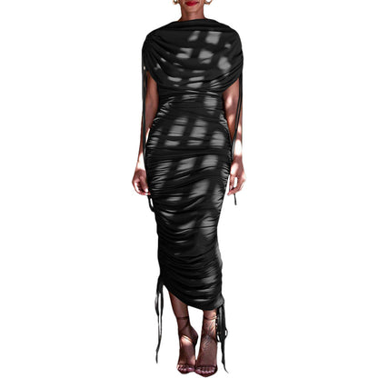 Women's Pleated Drawstring Zipper Irregular Dress Dresses