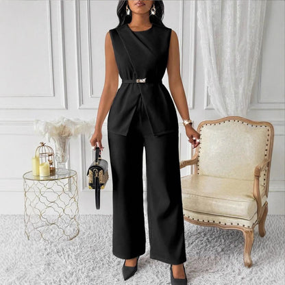 Women's Solid Color Sleeveless Belt Two-piece Casual Suits