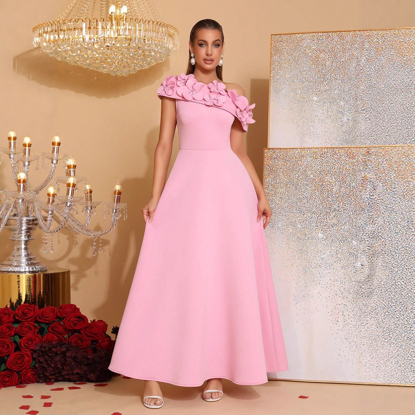 Elegant Oblique Shoulder Dress Stitching Flower Waist Slimming Style Dresses