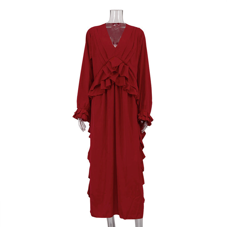 Women's French Ruffled Long-sleeved Dress Red Casual Dresses