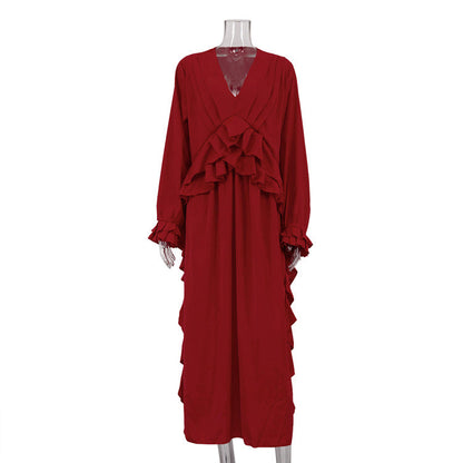 Women's French Ruffled Long-sleeved Dress Red Casual Dresses