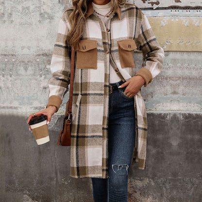 Women's Fashion Brushed Long Plaid Shirt Coats