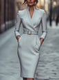 Women's Elegant Long Sleeve Pocket Dress Belted Dresses
