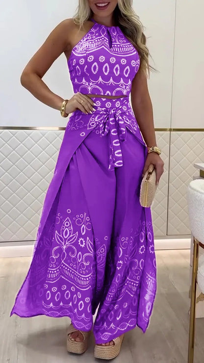 Women's Summer Retro Ethnic Style Halter Wide Suits