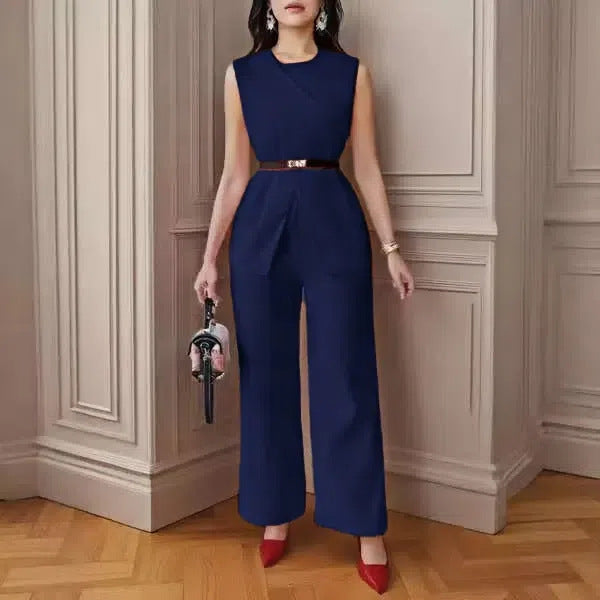 Women's Solid Color Sleeveless Belt Two-piece Casual Suits