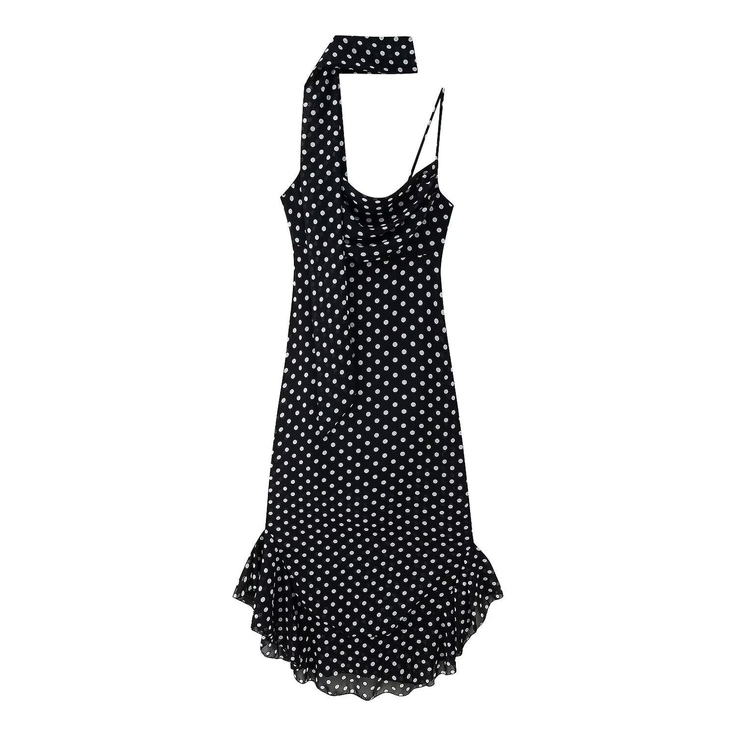 Women's Retro Dots Printed Scarf Ruffled Spaghetti Dresses