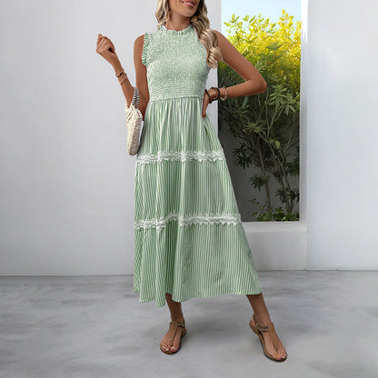 Women's Sleeveless Long Jumper Dress Smocking Striped Dresses