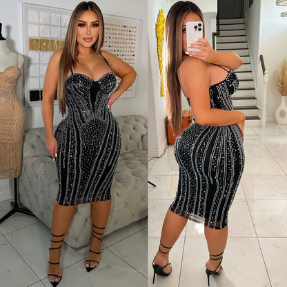 Women's Sexy Mesh Rhinestone Nightclub Dress Strap Dresses