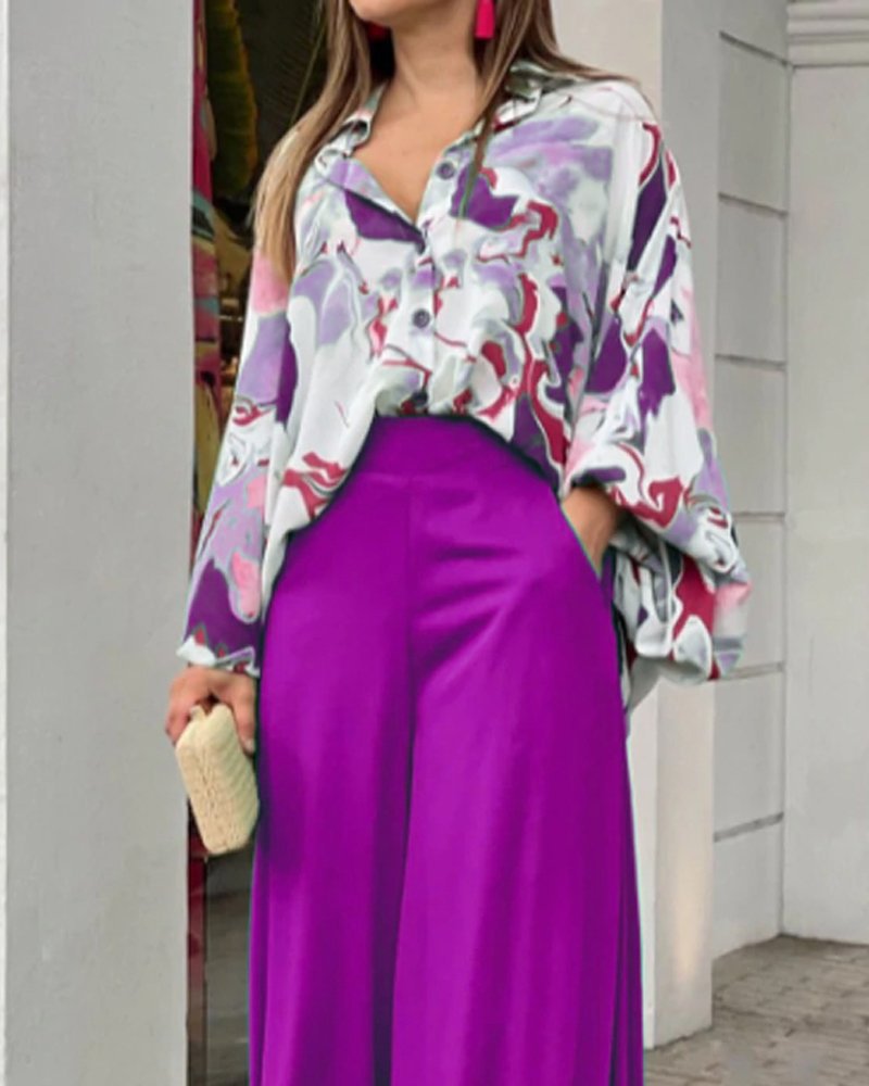 Women's American Printed Casual Loose Lapels Shirt High Suits