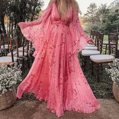 Women's Floral Pink Long Dress Pregnant Large Dresses