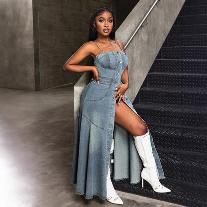 Fashionable Temperament Mid-length Single-breasted Suspender Denim Dresses