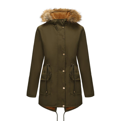 Women's Fleece-lined Parka Hooded With Fur Collar Mid-length Coats