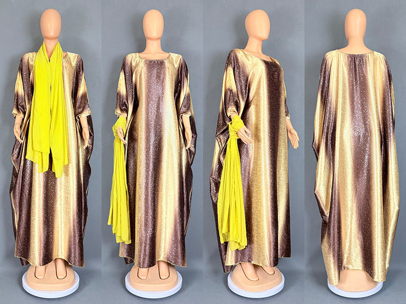 Women's Fashion Printed Satin Muslim Robe Party Dresses
