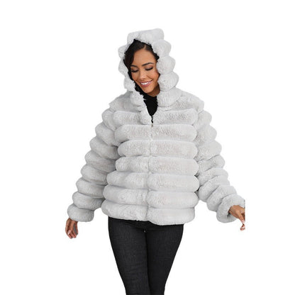 Women's Striped Hooded Imitation Fur Cropped Plush Coats
